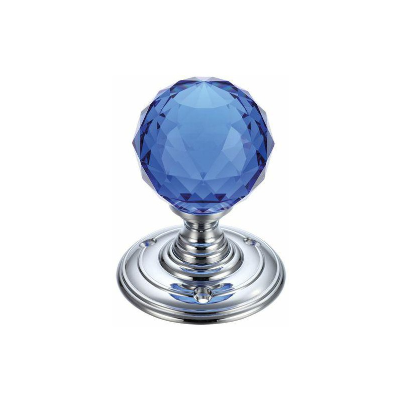 Gałka drzwiowa szklana fasetowana 55mm chrom/niebieska