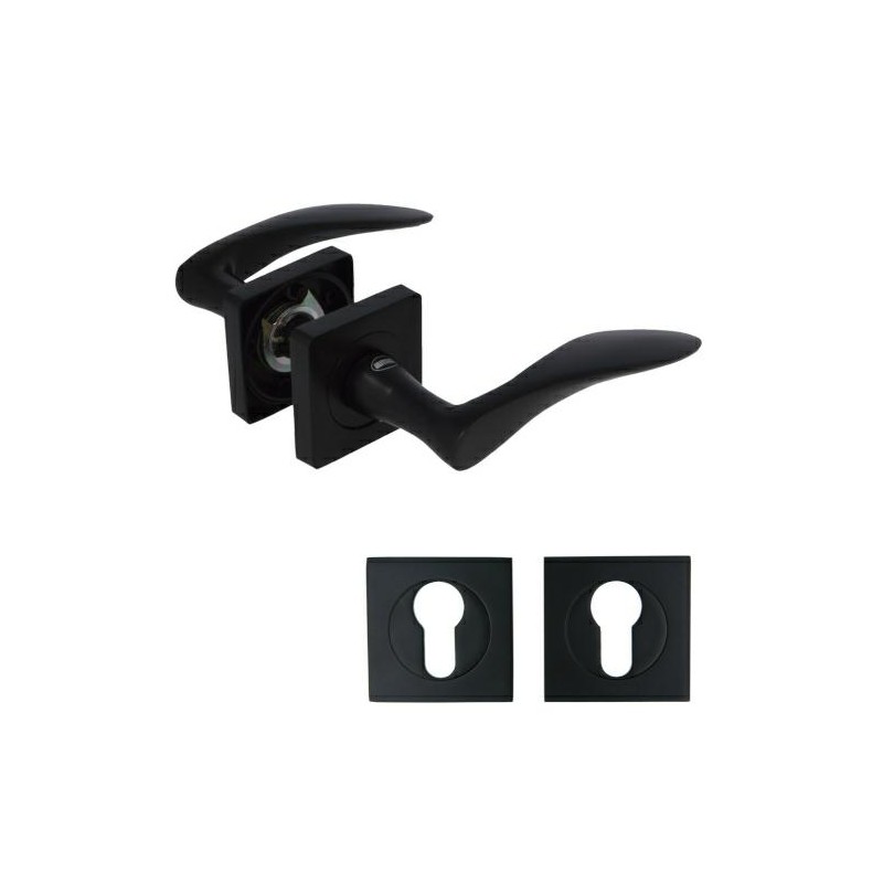 Klamka czarna ROCHE kpl. kwadratowe rozety na wkładkę