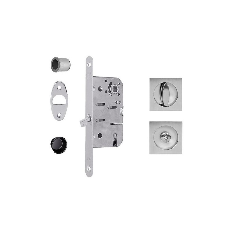 Zamek hakowy łazienkowy 50mm chrom mat + rozety kwadratowe mod. SCIVOLA A-T