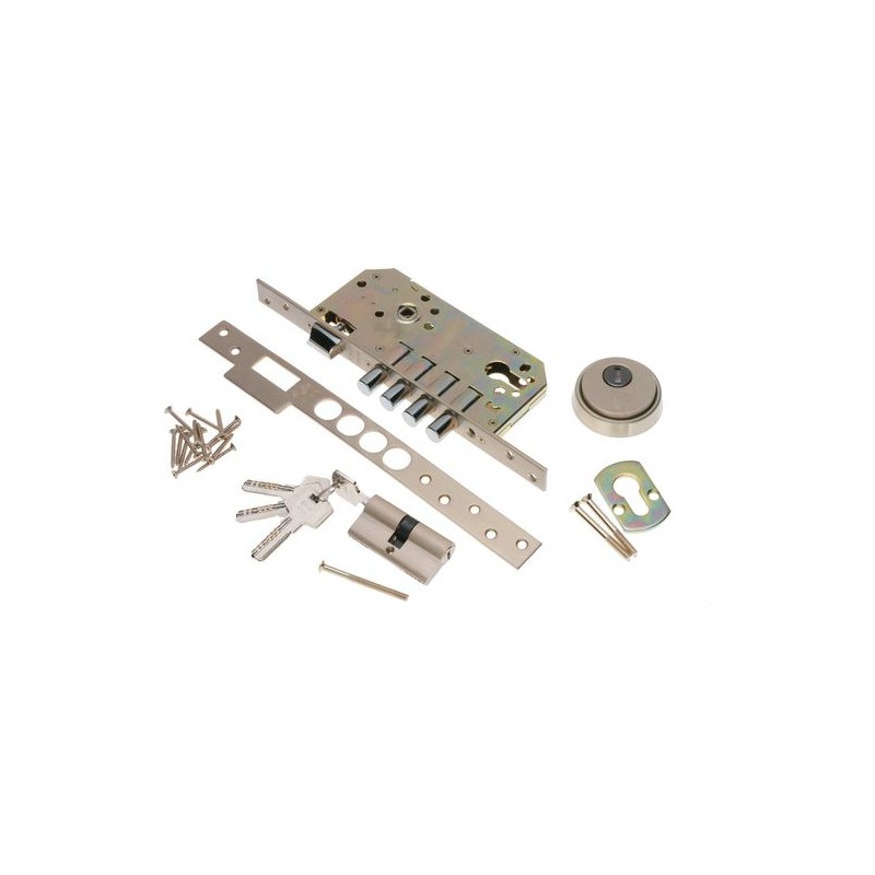 Zamek bolcowy na wkładkę 85/50 chrom mat mod. 100 z akcesoriami