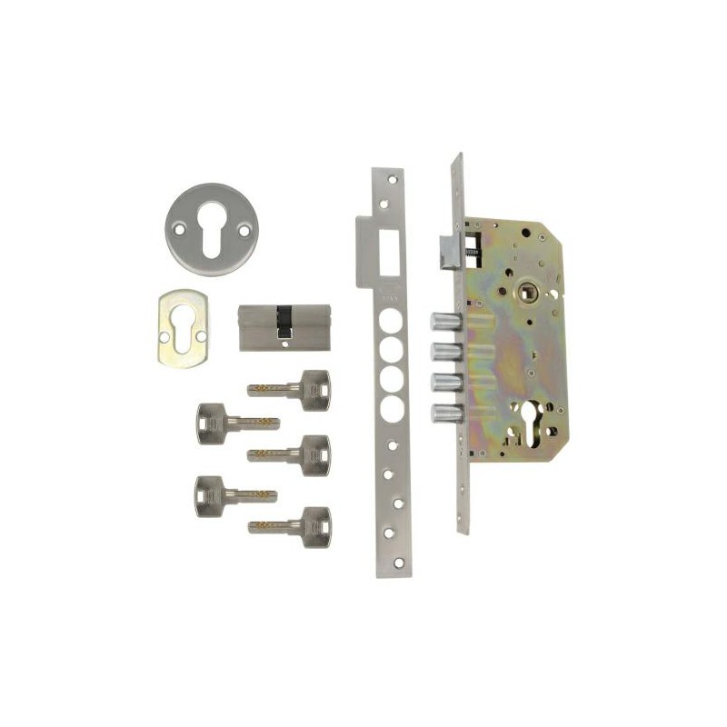 Zamek bolcowy na wkładkę 85/50 chrom mat mod. 120 z akcesoriami