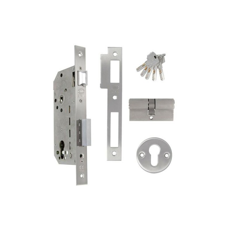 Zamek drzwiowy na wkładkę 85/50 chrom mat z akcesoriami mod. 340