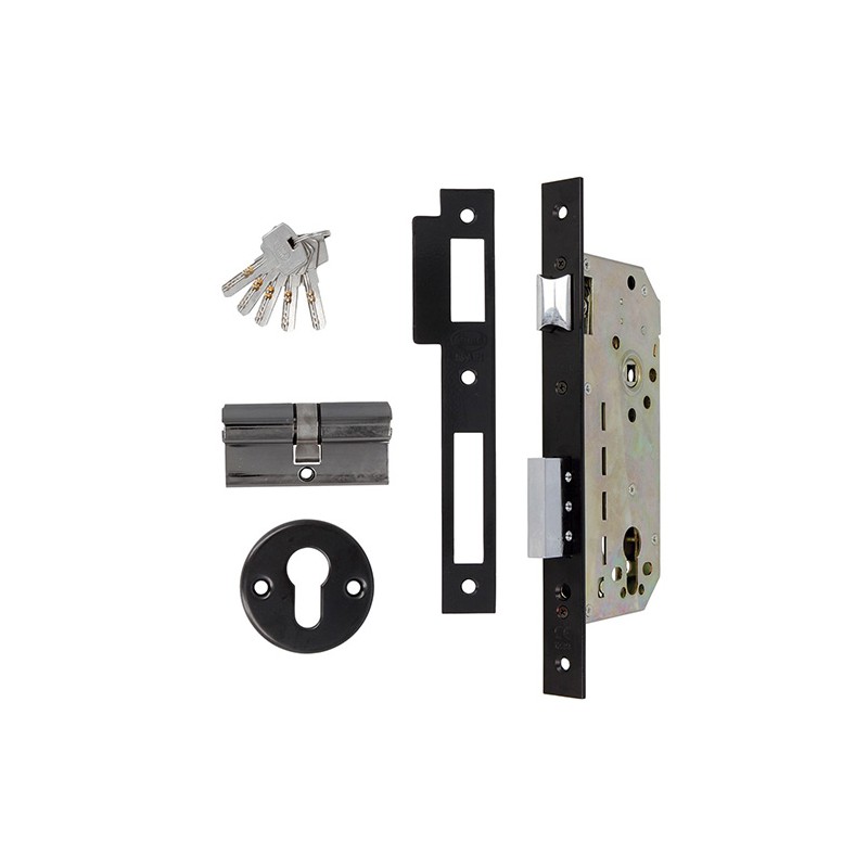 Zamek drzwiowy na wkładkę 85/50 czarny z akcesoriami mod. 340