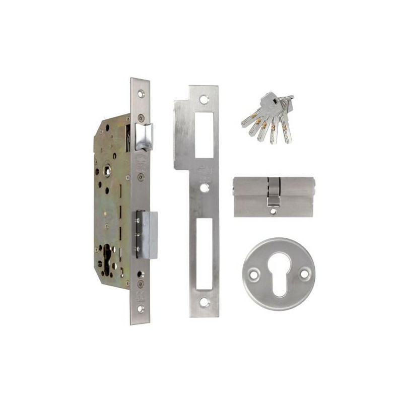 Zamek drzwiowy na wkładkę 85/50 INOX z akcesoriami mod. 340