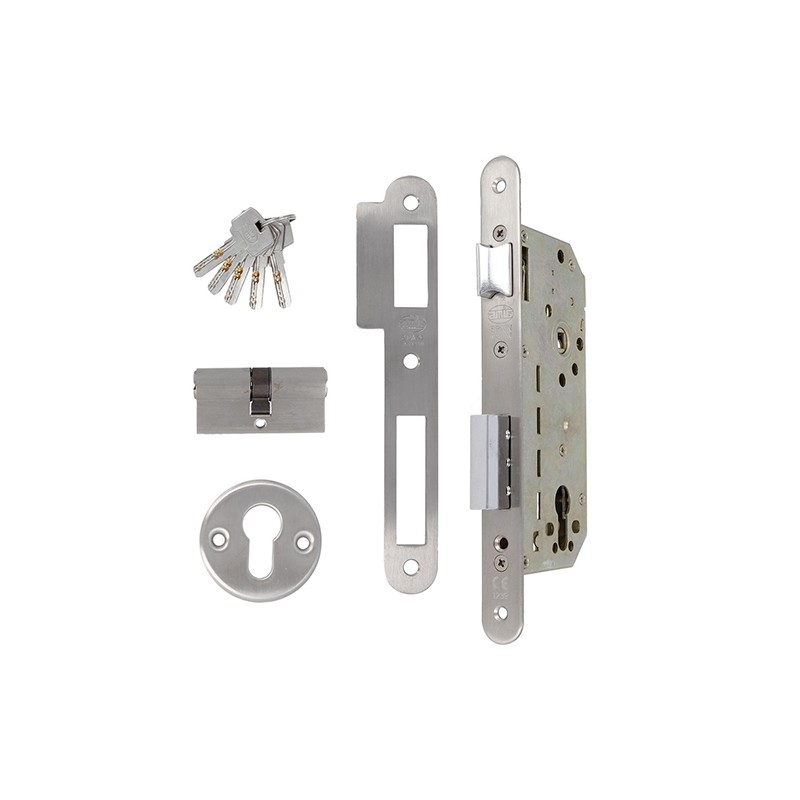 Zamek drzwiowy na wkładkę 85/50 chrom mat z akcesoriami mod. 341