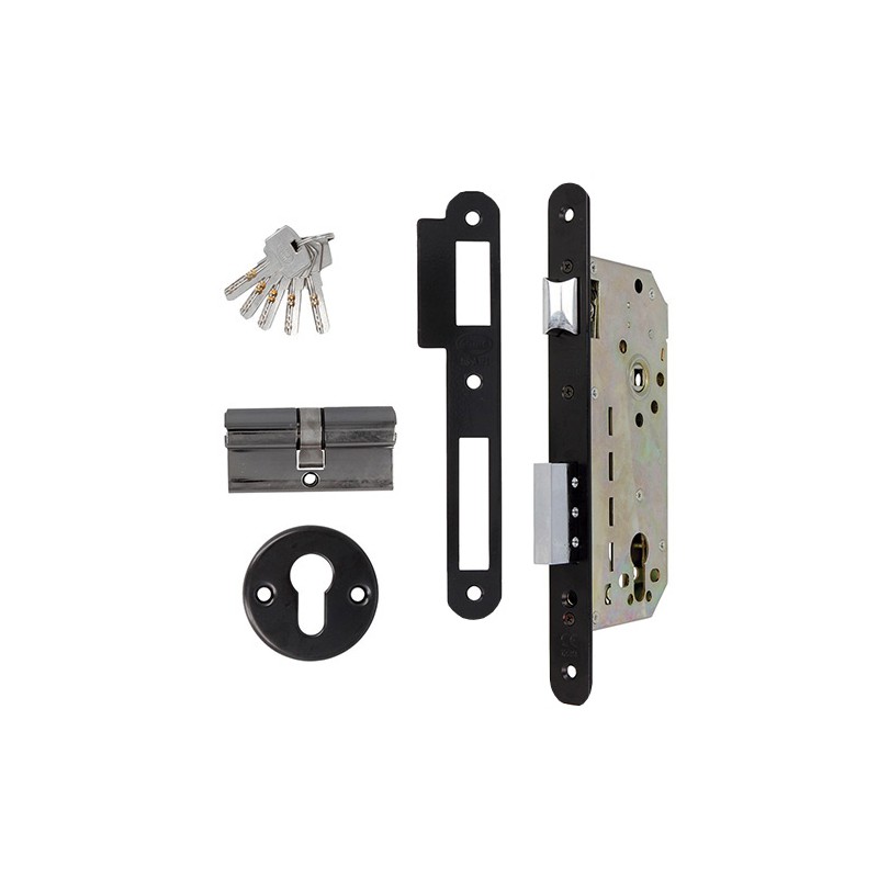 Zamek drzwiowy na wkładkę 85/50 czarny z akcesoriami mod. 341