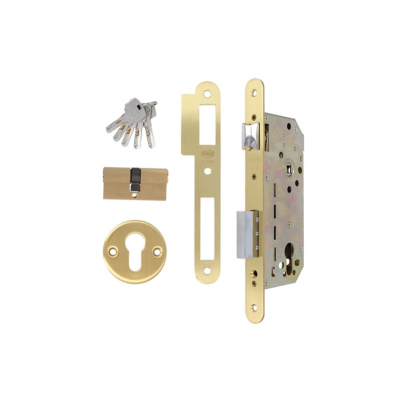 Zamek drzwiowy na wkładkę 85/50 mosiądz satyna z akcesoriami mod. 341