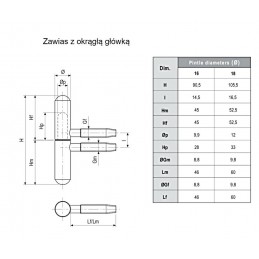 Zawias z okrągłą główką śr.18x105 czarny