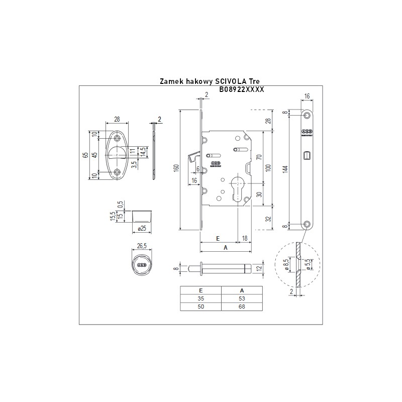 Zamek hakowy na wkładkę 35mm F16 chrom mat SCIVOLA Tre