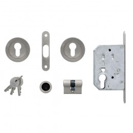 Zamek hakowy na wkładkę 50mm chrom mat + rozety okrąg. mod.606