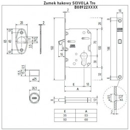 Zamek hakowy na wkładkę 50mm czarny czoło 16x160mm SCIVOLA Tre