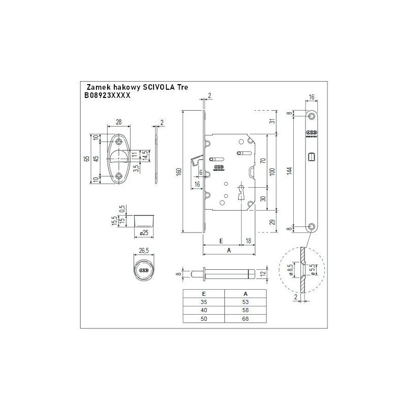 Zamek hakowy na klucz 50mm F16 brąz SCIVOLA Tre