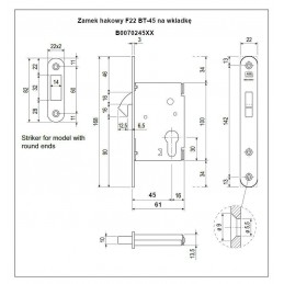 Zamek hakowy na wkładkę BT 45mm F22 mosiądzowany