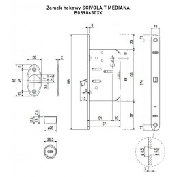 Zamek hakowy na klucz 50mm F18x196mm chrom mat SCIVOLA T MEDIANA