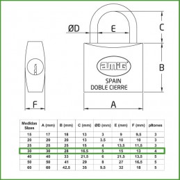 Kłódka 30mm mosiężna ten sam klucz mod.21