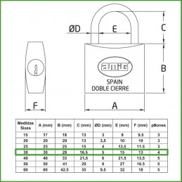 Kłódka 30mm mosiężna ten sam klucz mod.22