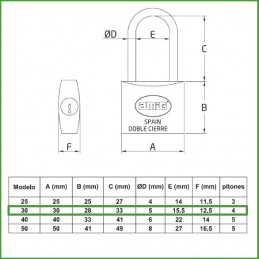 Kłódka 30mm długie ucho mosiężna ten sam klucz mod.31
