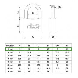 Kłódka NIZA 1-15 mosiężna ten sam klucz