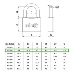 Kłódka 20mm mosiężna ten sam klucz mod.1 NIZA