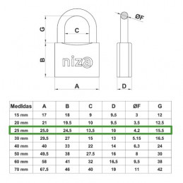 Kłódka mosiężna 25mm ten sam klucz mod.1 NIZA