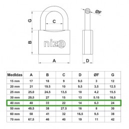 Kłódka NIZA 2-40 mosiężna ten sam klucz