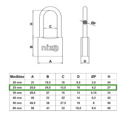 Kłódka mosiężna 25mm długie ucho mod.NIZA display