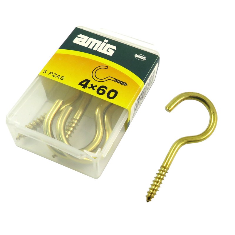 Hak półpełny haczyk wkręcany 4x60mm mosiądzowany 5szt.
