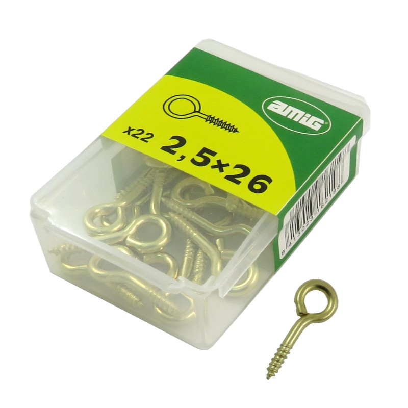 Haczyki oczkowe wkręcane 2,5x26mm oczko 5,5mm mosiądzowane 22szt.