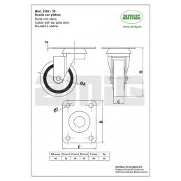 Kółko gumowe 50mm obrotowa płytka szare 22kg mod. 2502