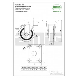 Kółko gumowe 60mm skrętne na płytce z hamulcem szare mod.2503