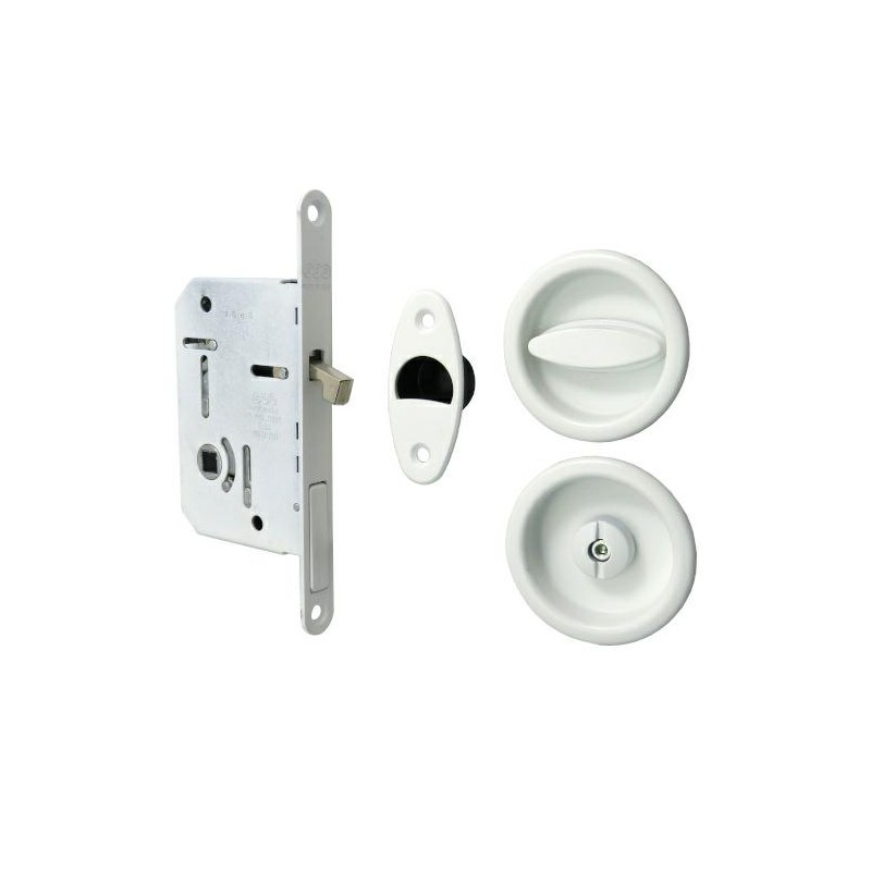 Zamek hakowy łazienkowy 50mm biały + rozety okrągłe mod. Scivola Tre Class