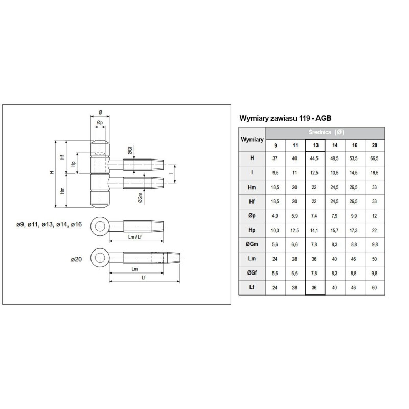 Zawias AGB 119-13x45 s