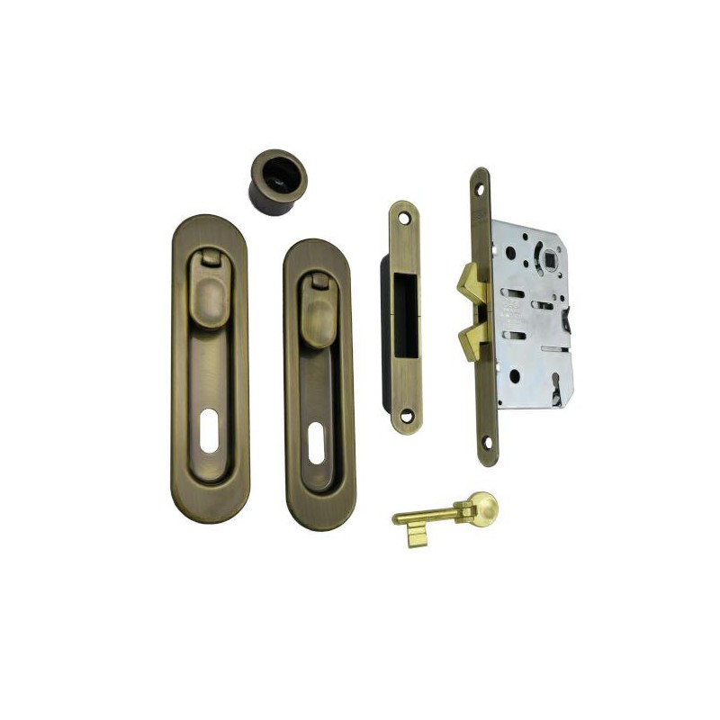 Zamek hakowy na klucz 50mm mosiądz antyczny + szyldy owalne z klamkami mod. SCIVOLA-D-TT O p/kl złoto antyczne