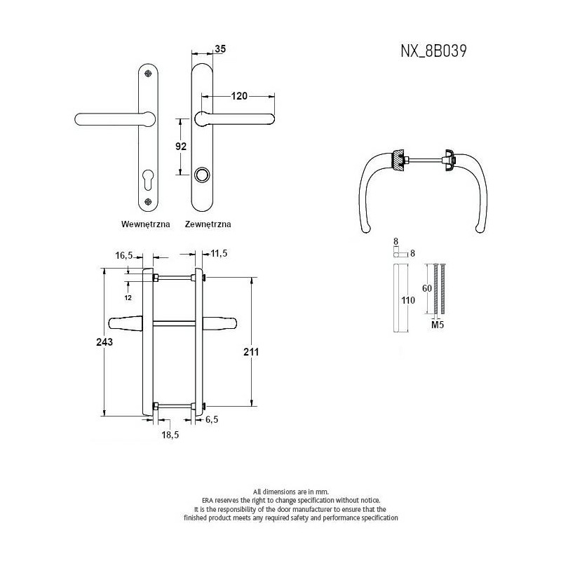 Klamka BERWICK MP L/L 44 brąz