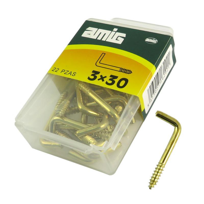 Haczyki wkręcane 3x30mm mosiądzowane hak prosty 22 szt.