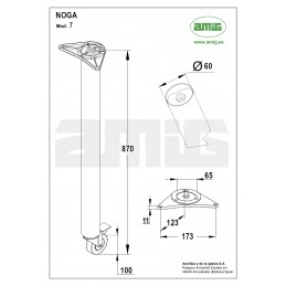 Noga z kółkiem do stołu / blatu wys. 87cm okrągła 60mm chrom mat mod. 7