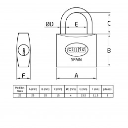 Kłódka 25mm mosiężna ten sam klucz pojedyncze ryglowanie mod.11
