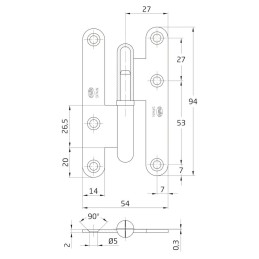 Zawias do drzwi 95x53mm stal złoto antyczne rozłączny PRAWY (pl) mod. 405C