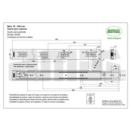 Prowadnice szuflad 550x45mm pełny wysuw mod. 35 komplet