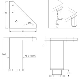 Noga meblowa nogi kwadratowe 40x40x100 z regulacją alum. srebrne - 4szt. mod. 20