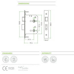 Zamek drzwiowy łazienkowy 57/57 czoło 25x166 złoty
