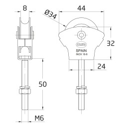 Bloczek do linek śruba M6-50mm mosiężne kółko 34mm INOX mod.23
