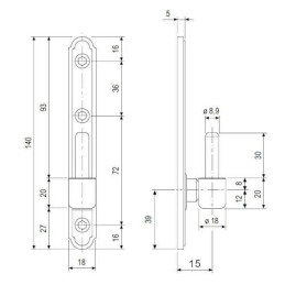 Trzpień zawiasu fi. 9mm szyld 18x140mm odsadzenie 15mm czarny