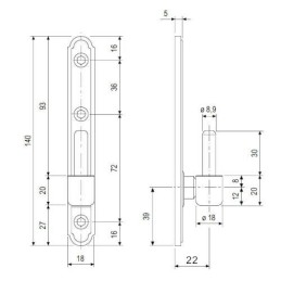 Trzpień zawiasu fi. 9mm szyld 18x140mm odsadzenie 22mm czarny