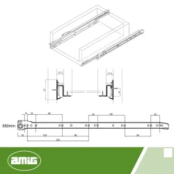 Prowadnice rolkowe 550x37mm srebrne mod. 22