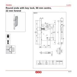 Zamek drzwiowy na klucz 90/50 mosiądzowany front 22x196mm CENTRO z ryglem