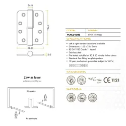 Zawias do drzwi 102x76mm stal nierdzewna INOX 11 rozłączny LEWY (pl) 2szt.