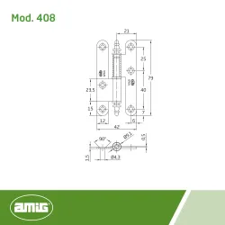 Zawias do drzwi 79x42mm stal mosiądzowany połysk rozłączny LEWY (pl) mod. 408