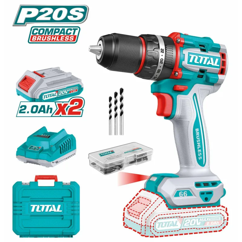 Wiertarko-wkrętarka 66 Nm udar 2 biegi  2 x AKU 20V bezszczotkowa TIDLI20668E