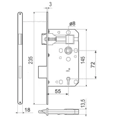 Zamek drzwiowy na klucz 72/55 F18 mosiądzowany EUROPA